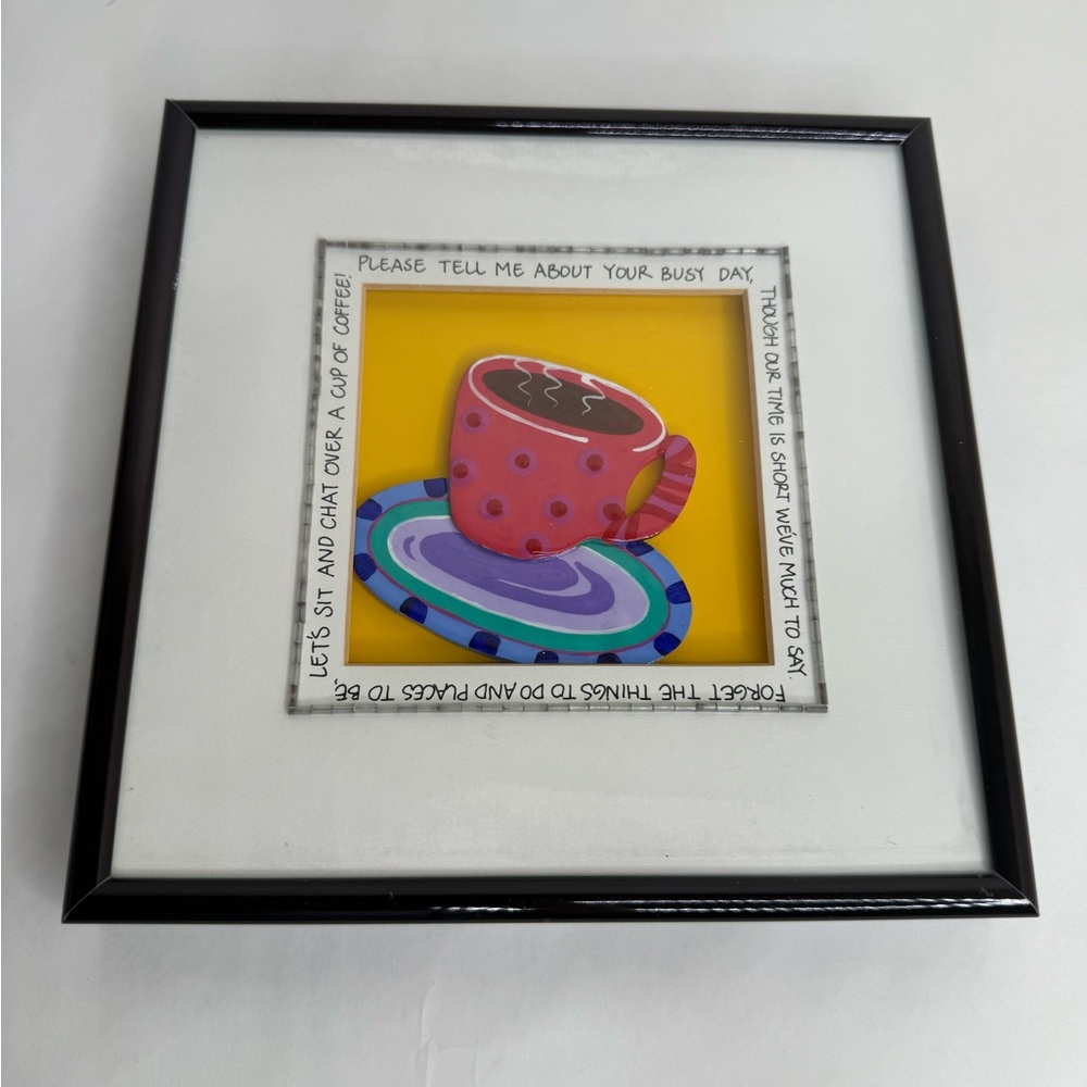 Hand-painted, whimsical coffee cup and saucer wall art by Michelle Samara 8.25”